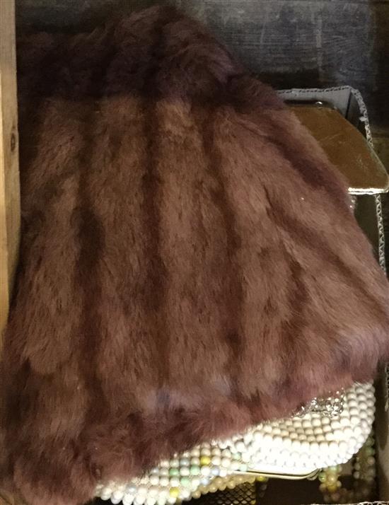 Fur cape, collection of vintage evening bags, handbags, sequin belts etc.